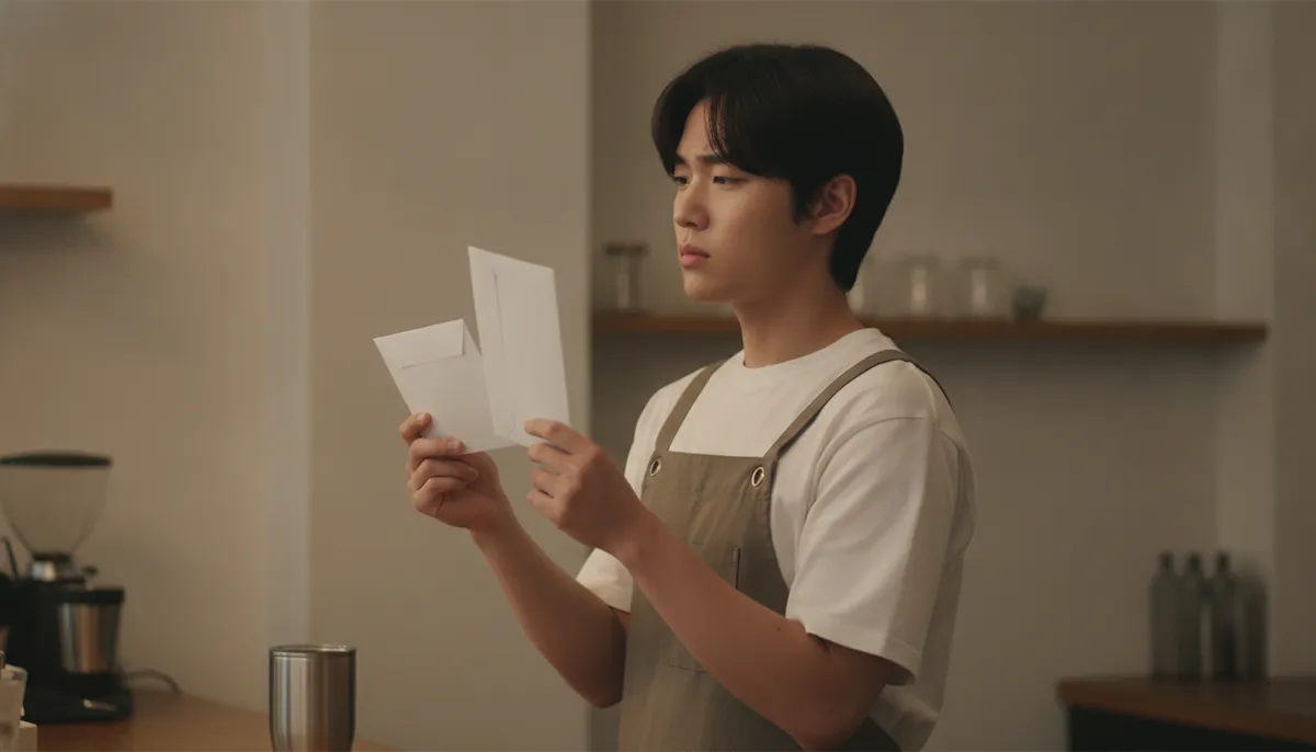 카페 카운터에서 급여 봉투 두 개를 번갈아 보는 아르바이트생