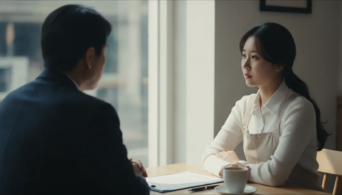 카페 테이블에서 사장과 근로계약서를 놓고 이야기하는 아르바이트생