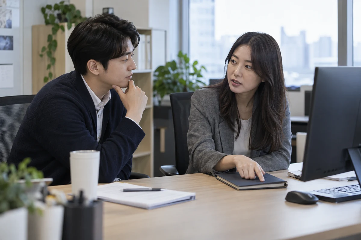 직원과 인사 담당자가 연차 사용내역을 확인하는 생성 장면