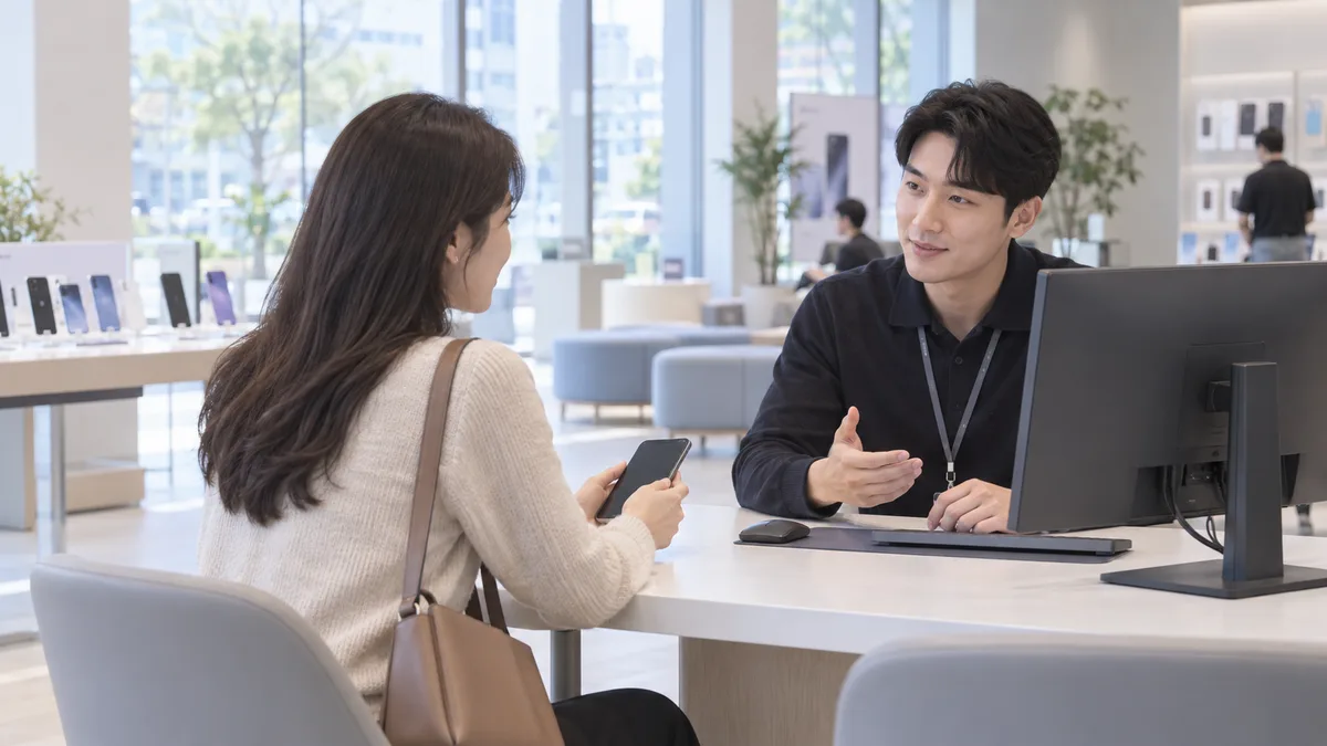 휴대전화 매장에서 번호 변경에 관해 상담하는 고객