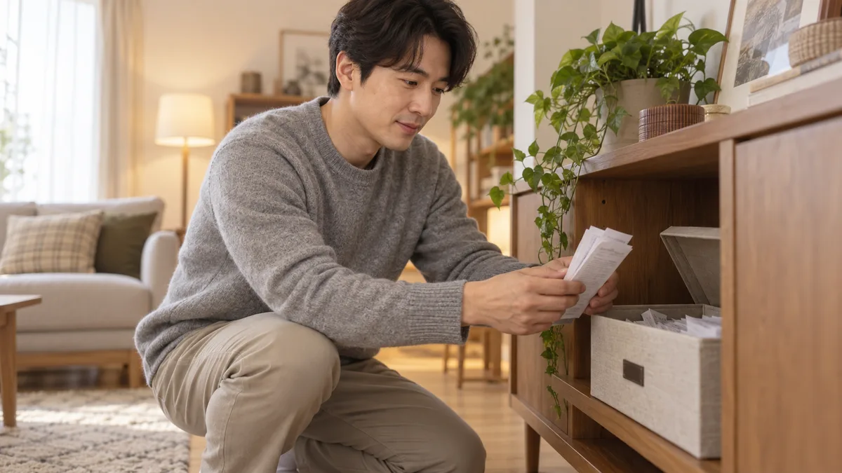 집 수납함에서 보관한 영수증을 꺼내 찾는 사람