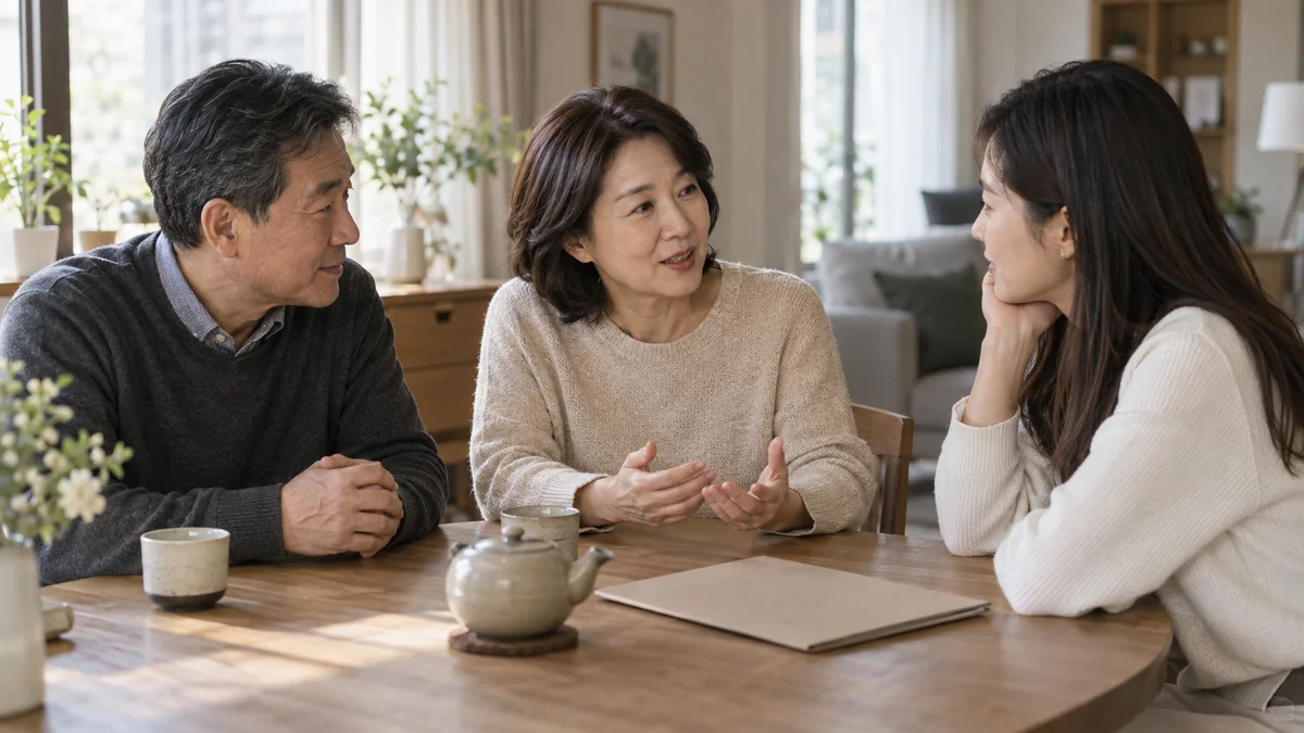 부모와 성년 자녀가 식탁에서 지원 계획을 의논하는 생성 이미지
