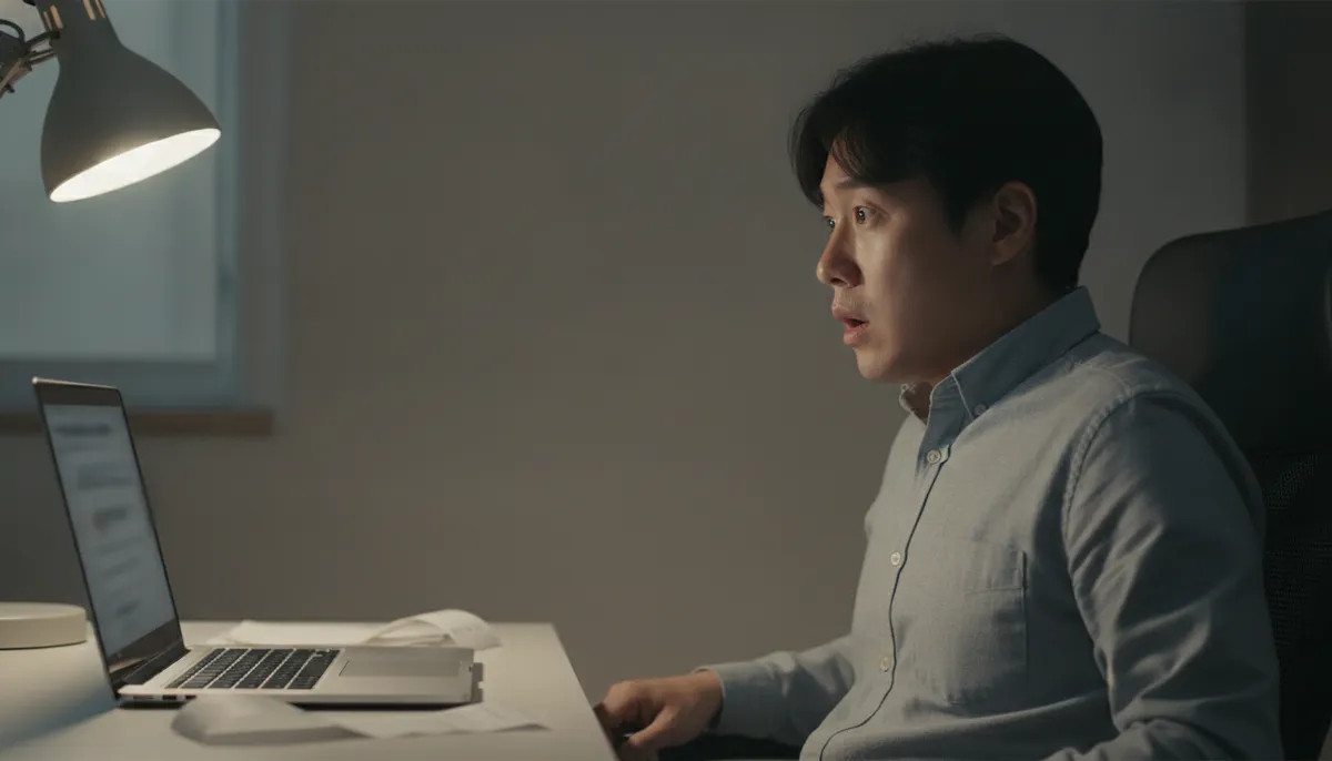 밤에 노트북 세금 화면을 보고 놀라 뒤로 기대는 프리랜서
