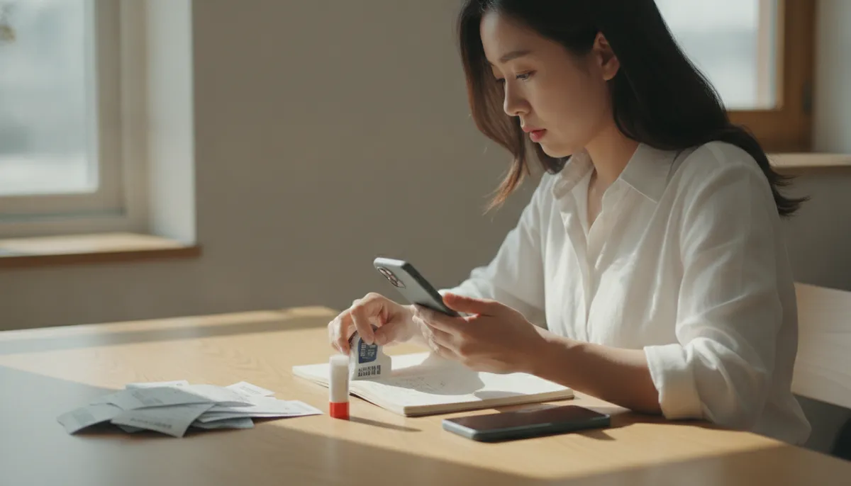 영수증을 공책에 붙여 정리하며 스마트폰으로 찍는 프리랜서