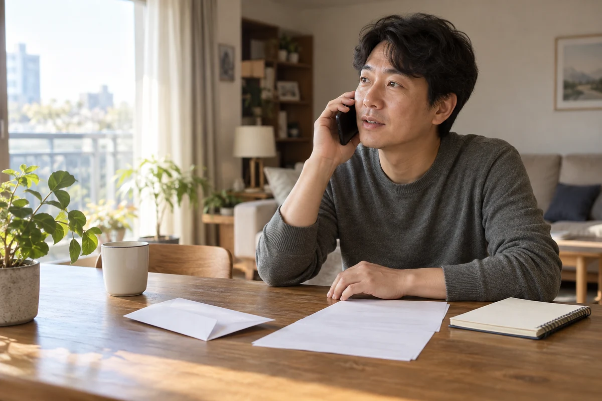 집에서 퇴직 후 보험료에 관해 전화로 문의하는 생성 장면
