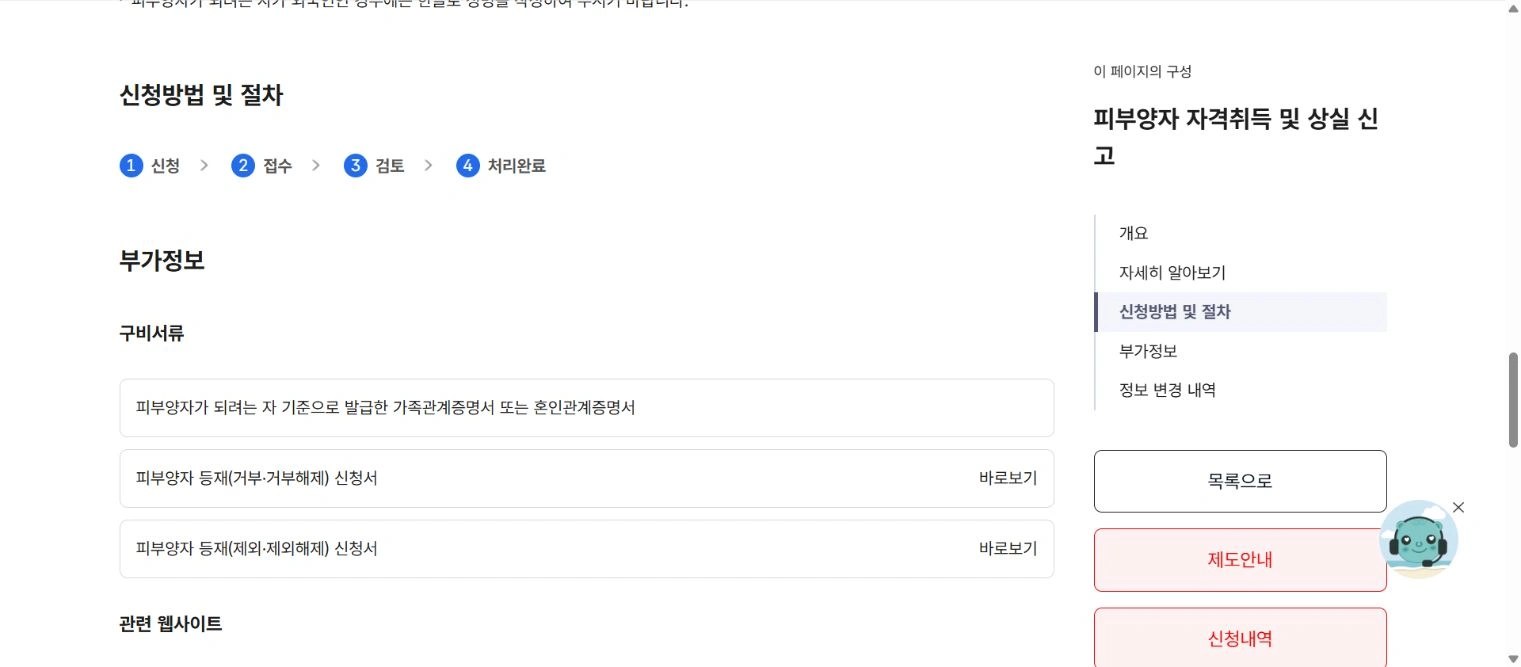 신청 접수 검토 처리완료 순서와 신청내역 메뉴가 있는 공단 서비스 안내