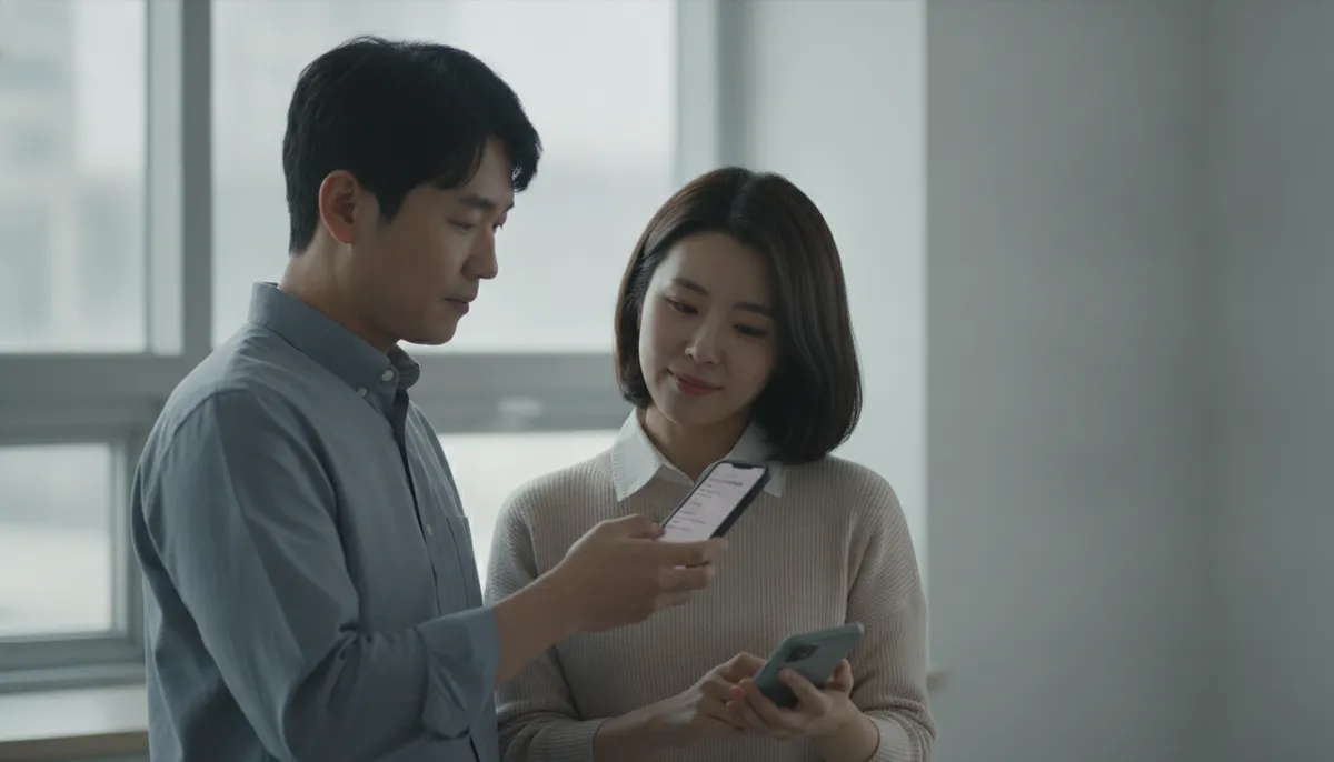 사무실 창가에서 동료가 보여주는 휴대폰 알림을 보며 자기 휴대폰을 확인하는 두 사람