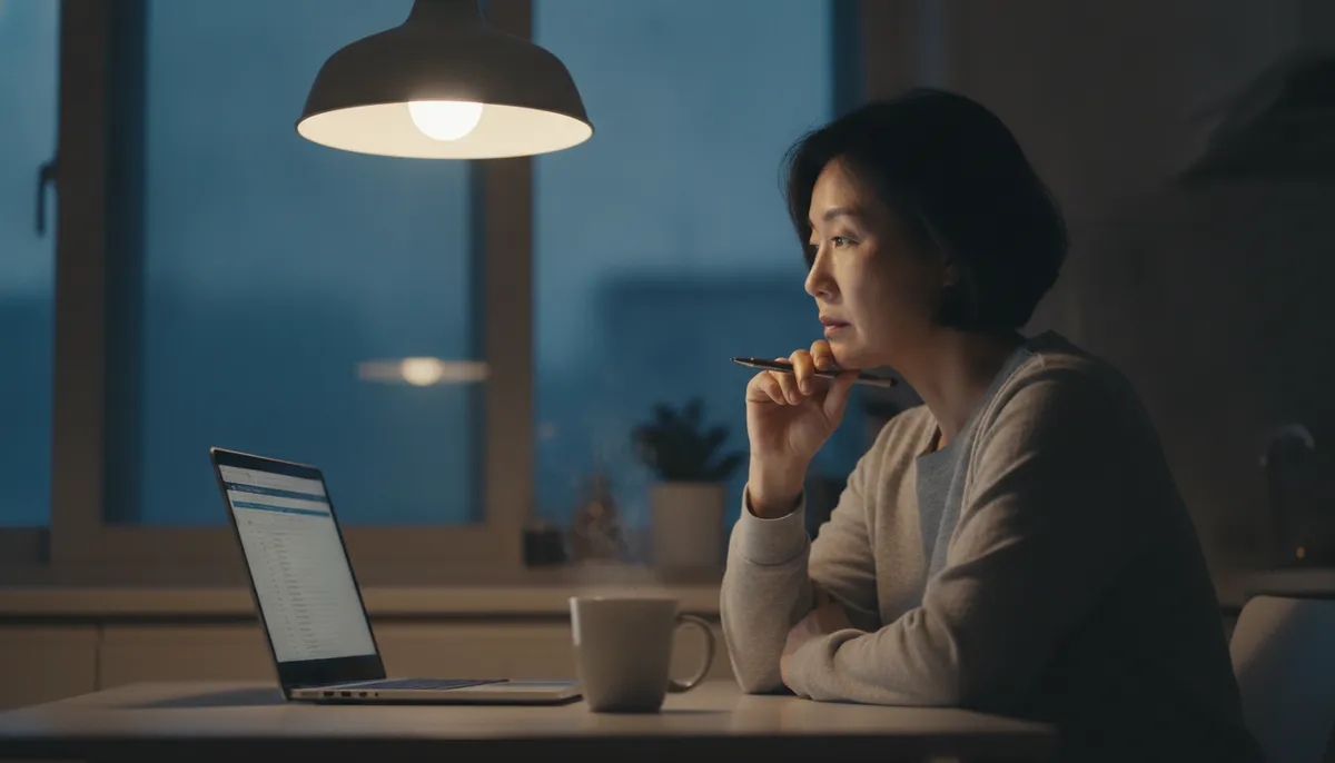 저녁 식탁에서 노트북 화면을 보며 펜을 든 채 생각에 잠긴 사람