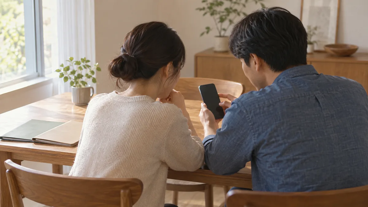 식탁에서 휴대폰을 함께 확인하는 부부의 뒷모습