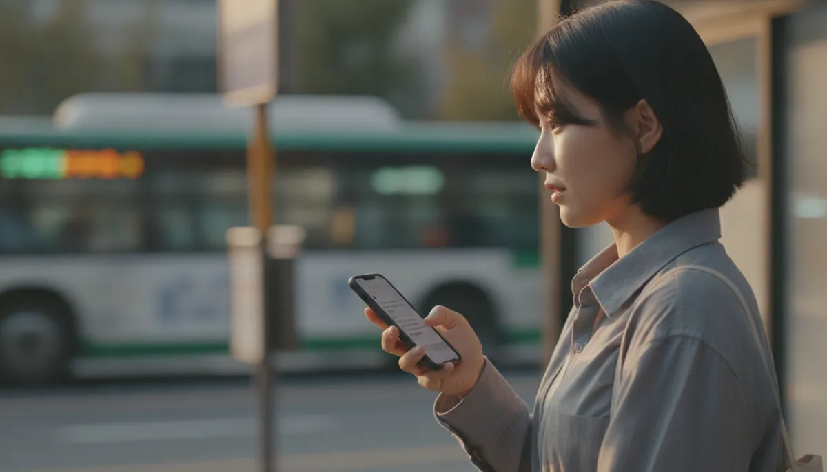 퇴근길 버스 정류장에서 휴대폰의 국세청 안내 알림을 보는 사람