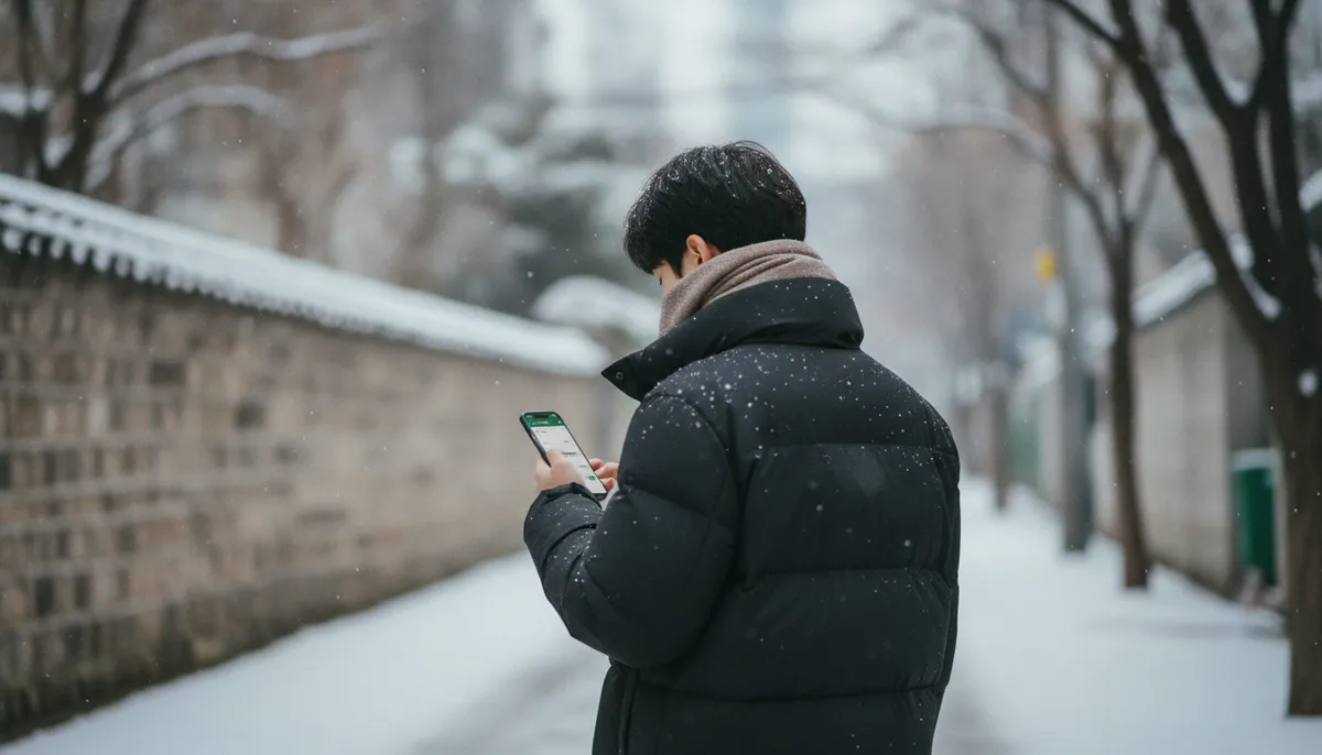 눈 오는 거리에서 휴대폰 입금 알림을 보고 옅게 웃는 사람의 뒷모습