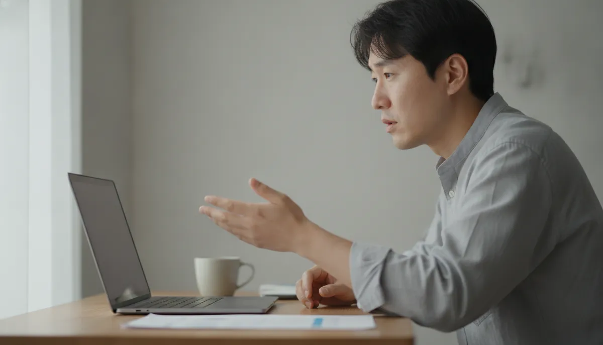 노트북 앞에서 종합소득세 신고를 시작하려다 멈칫하는 프리랜서
