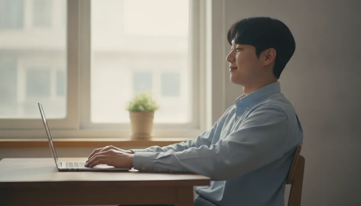 노트북으로 환급 결과를 확인하고 안도하는 프리랜서