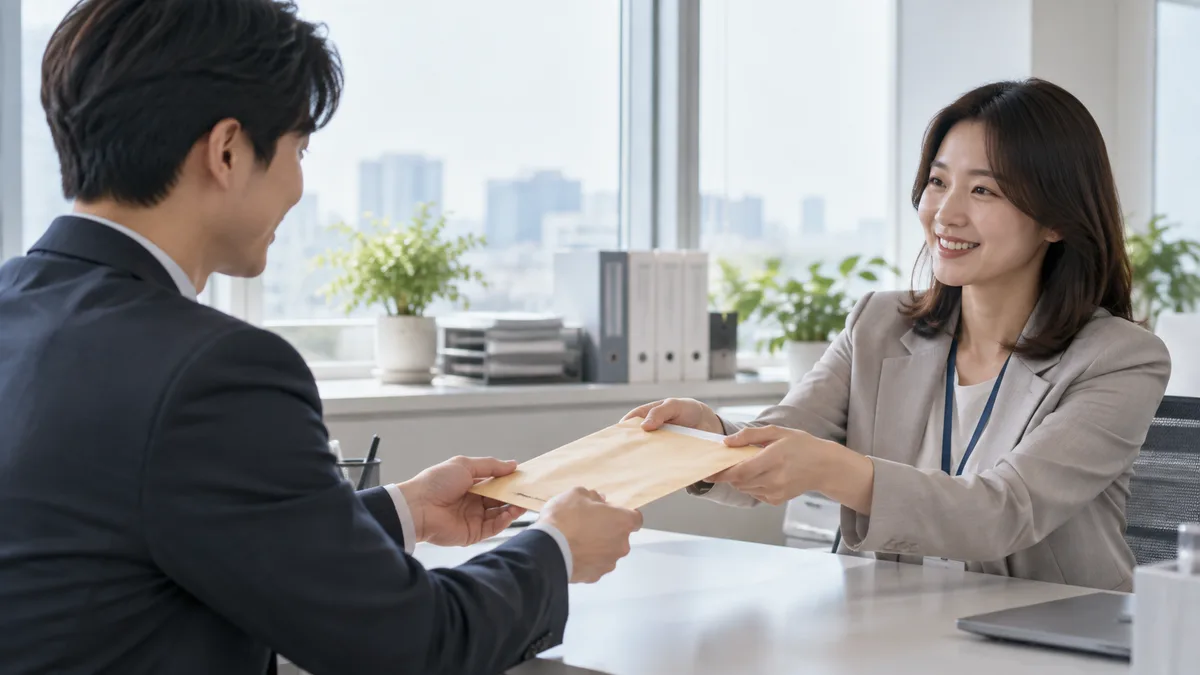 인사 담당자에게 퇴직 관련 서류 봉투를 받는 직장인