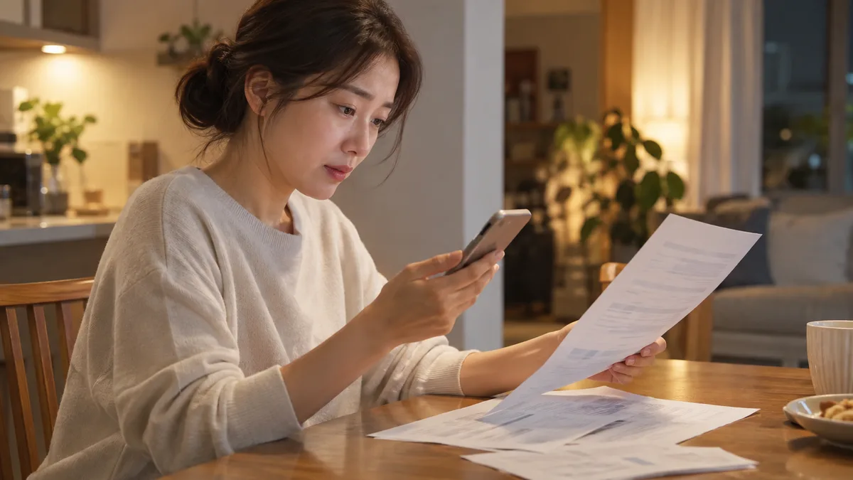 집에서 휴대전화와 지급 서류를 확인하는 사람