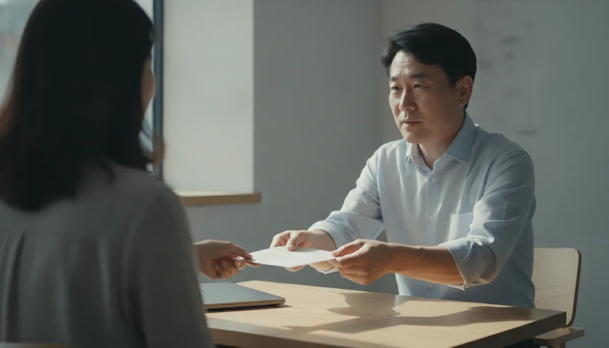 사무실 테이블에서 프리랜서에게 대금 봉투를 건네는 사장