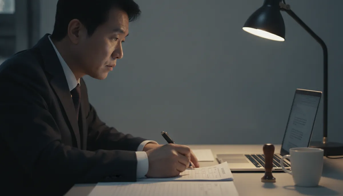저녁 사무실에서 원천세 신고 체크리스트를 확인하는 사장